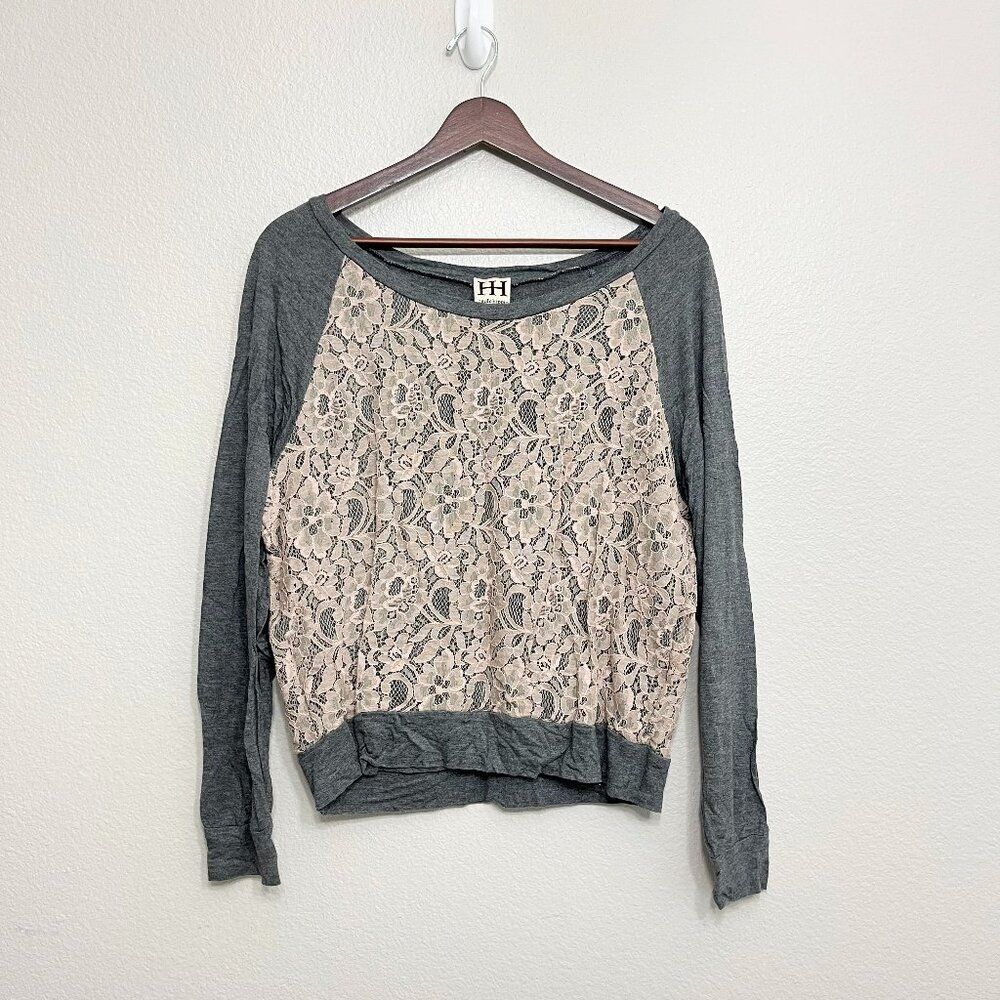 Haute Hippie Lace Top Size Medium Women's Gray Ivory Long Sleeve